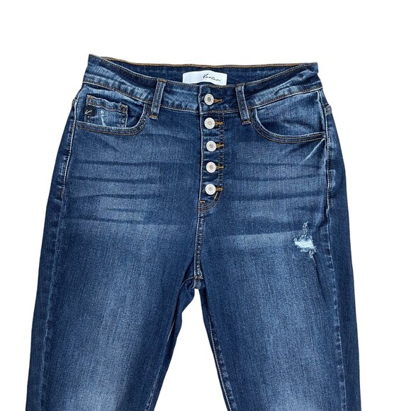 KANCAN JEANS BUTTON FLY HIGH RISE SKINNY DISTRESSED SIZE 5 / 26 ANKLE DARK WASH - Picture 3 of 11